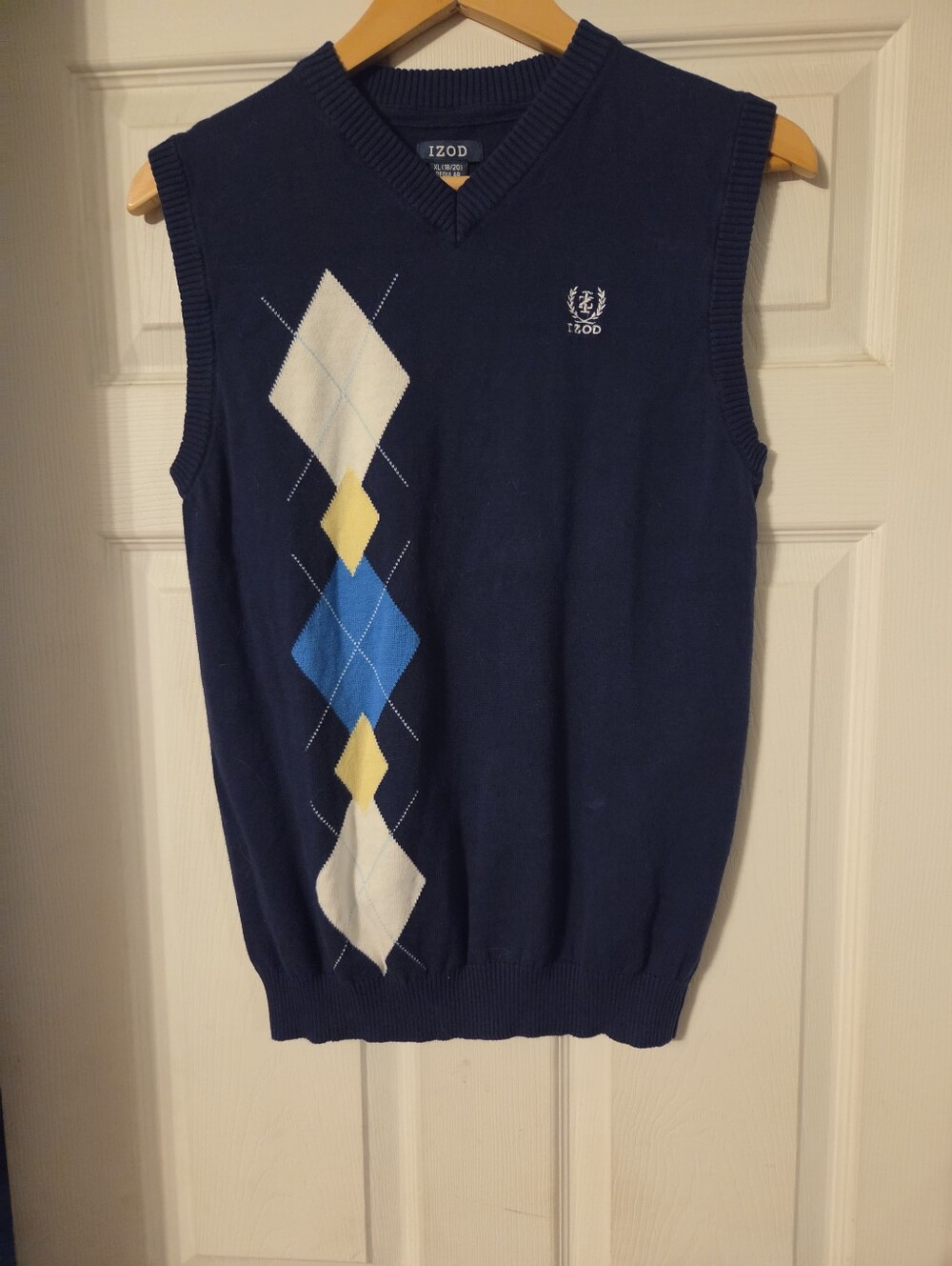 Izod Navy Argyle V-Neck Sweater Vest with Blue and Yellow Diamonds